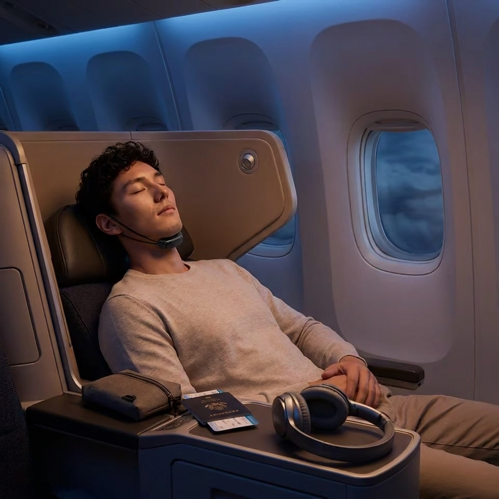 Man sleeping in an airplane seat with headphones and a phone on the tray table, using uptena anti snoring device